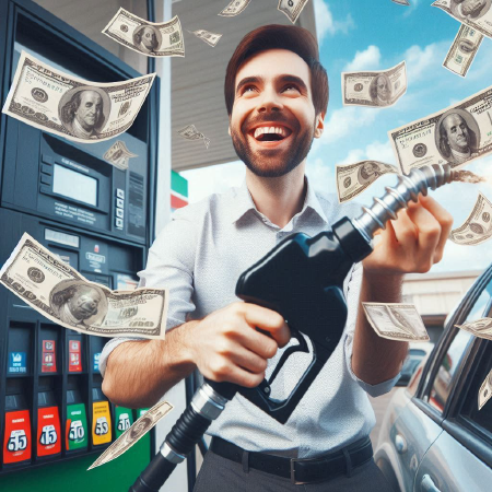 Someone pumping gas with money flying around him